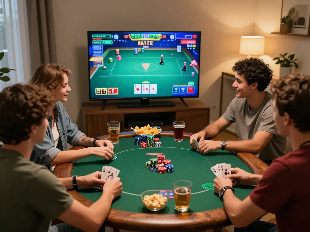 Engaged players enjoying kinggaruda138 poker online, celebrating a recent win with chips and drinks.