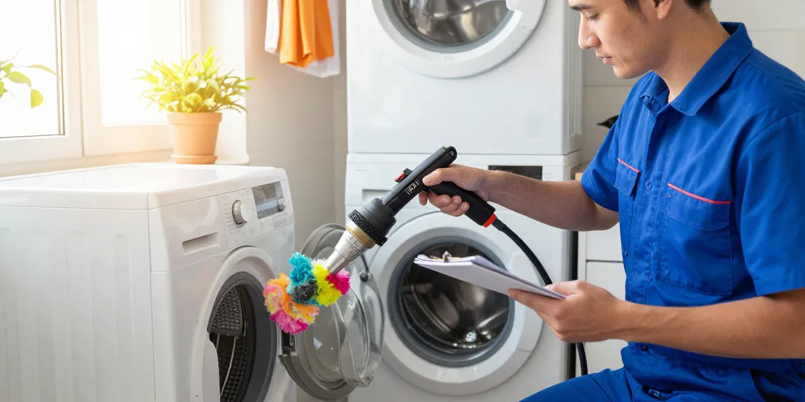 Professional dryer vent cleaning in a home laundry room, technician demonstrating care and safety.