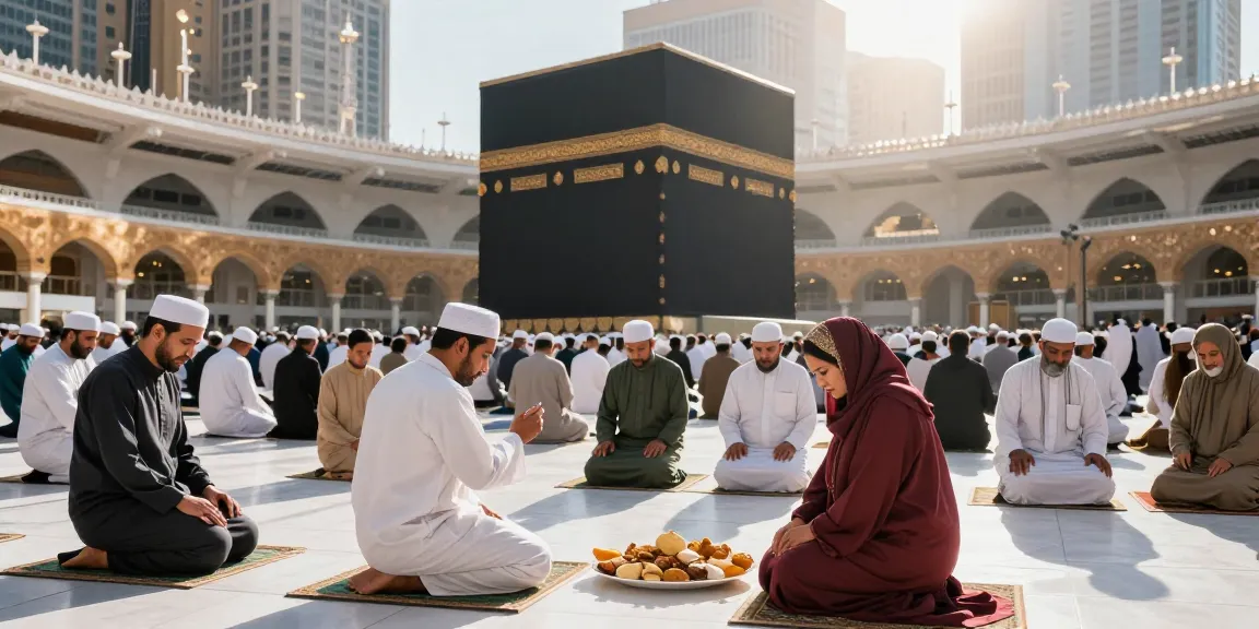 Umroh Ramadan experience at the Kaaba during prayers, capturing the essence of spirituality and cultural richness.