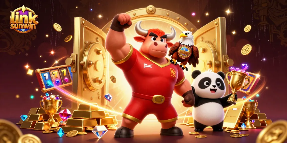 Engage with the vibrant world of link sunwin featuring bull mascot, eagle, and panda amidst treasures.