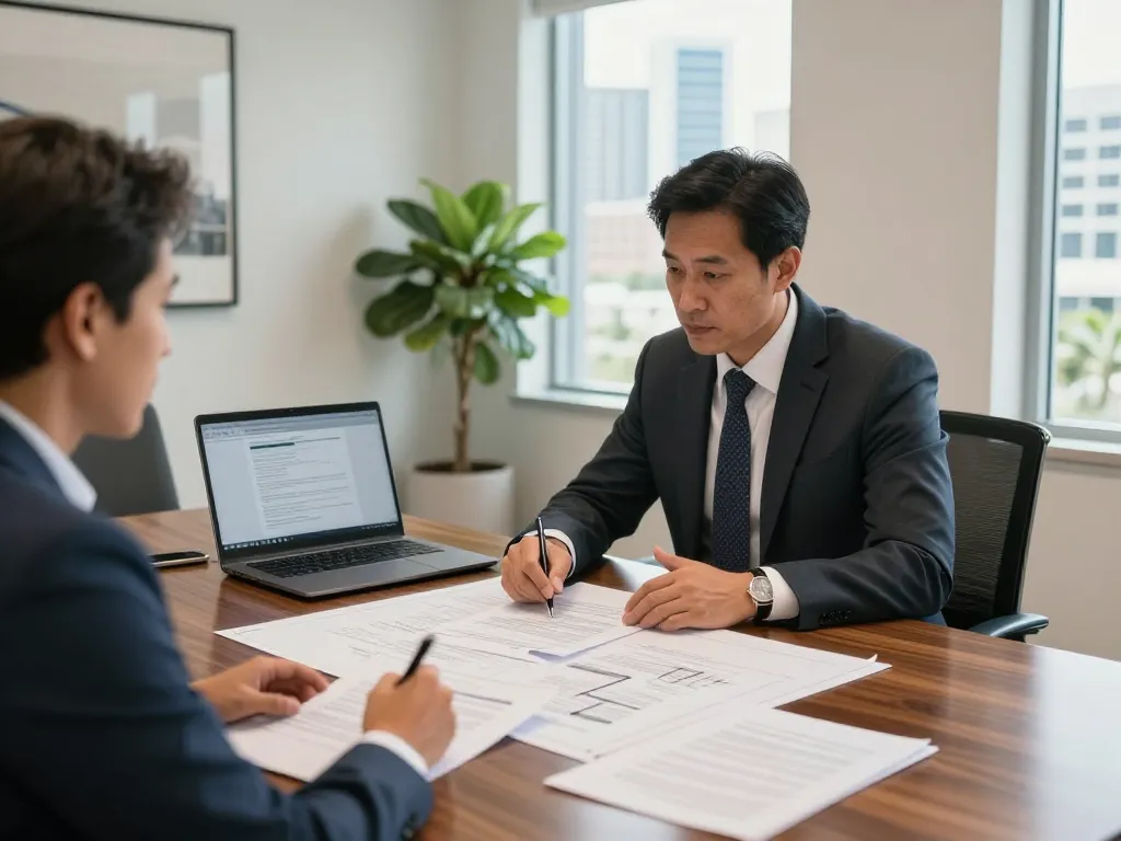 Boca Raton Construction Litigation Lawyer discussing legal strategies with a contractor in a modern office