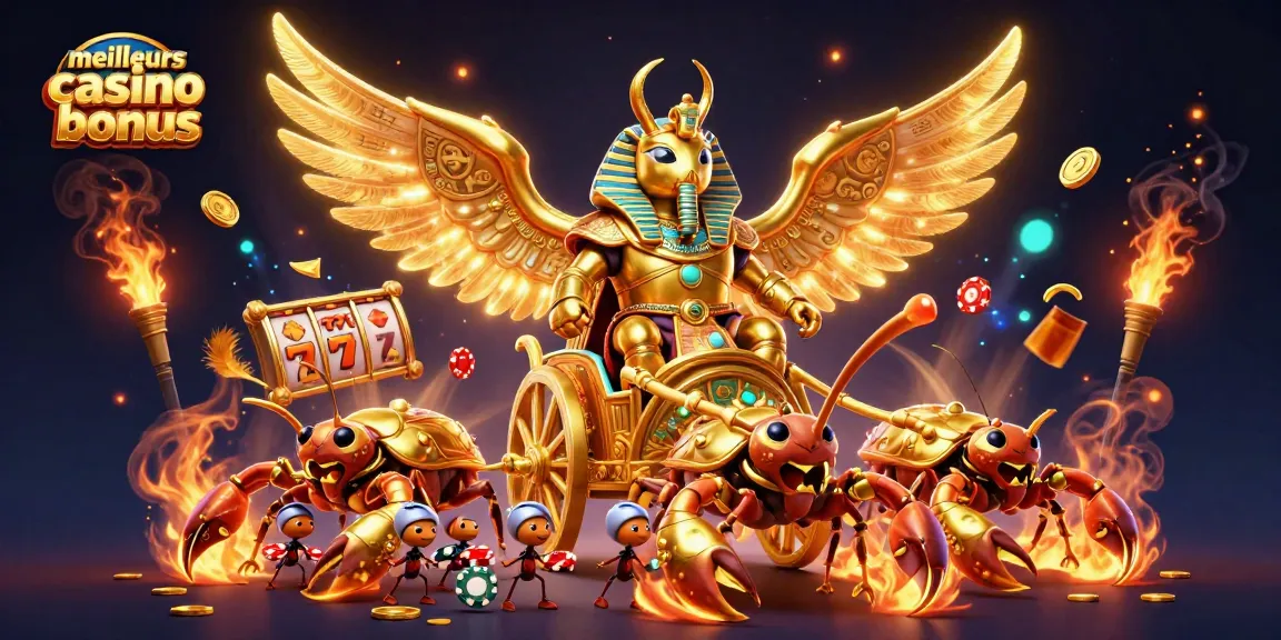 Découvrez les meilleurs bonus de casino en jouant avec un scarabée d'or colossal dans une scène dynamique.