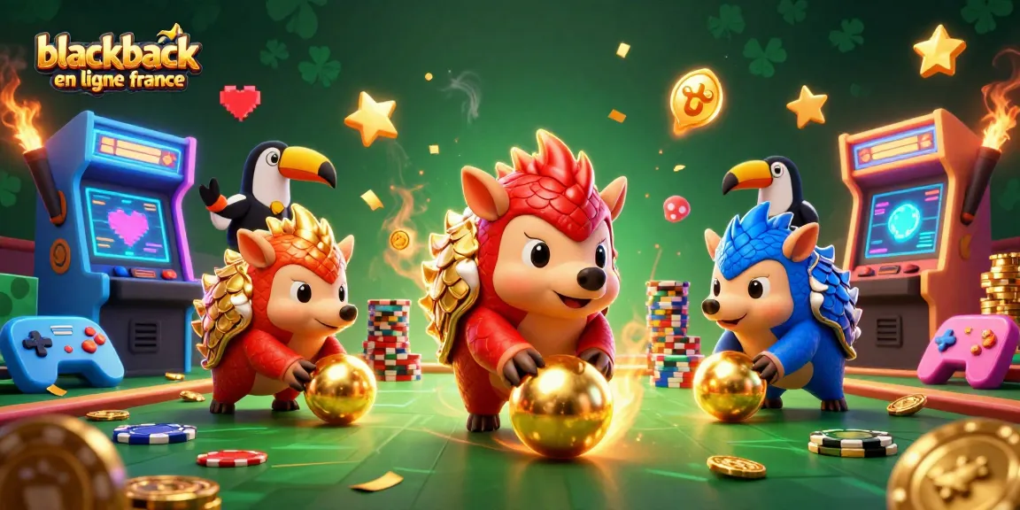 Jouez au blackjack en ligne France avec une ambiance de casino immersive, des personnages illustrés et des éléments de jeu captivants.