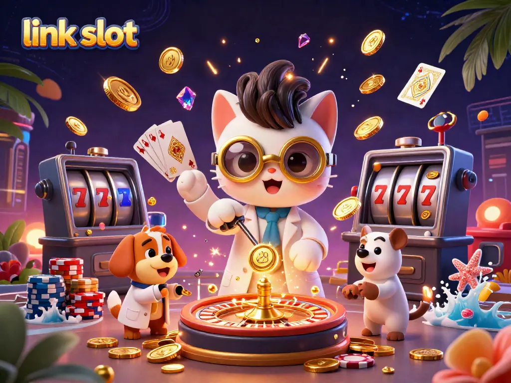 Menggunakan link slot untuk memenangkan jackpot, ilustrasi para karakter kartun dalam atmosfer kasino yang seru.