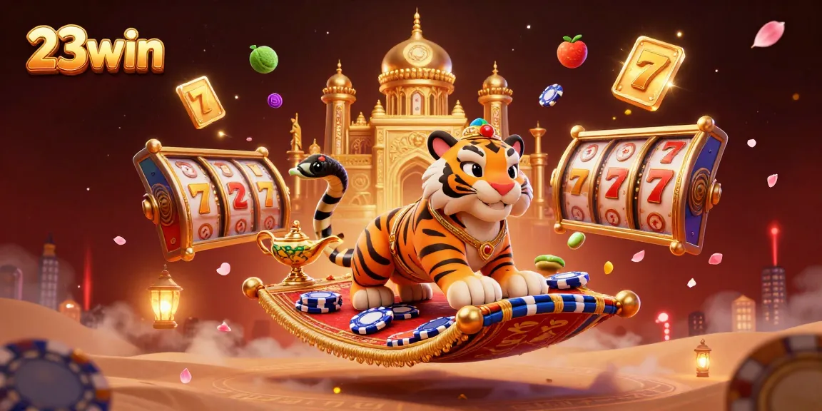 Experience thrilling gameplay with 23win's colorful slot reels, sparkling jackpot counters, and vibrant 3D characters.