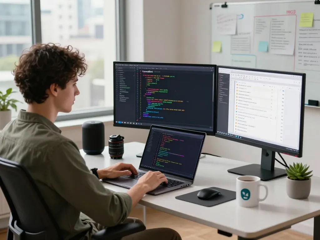 Developer using ClawdBot personal AI assistant in a modern workspace, showcasing productivity tools and a tech-savvy atmosphere.