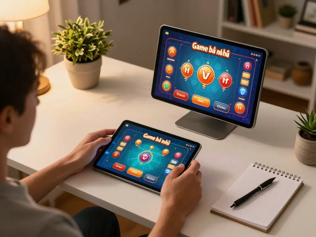 Playing Game bài nổ hũ on a tablet in a cozy home setting with strategic notes