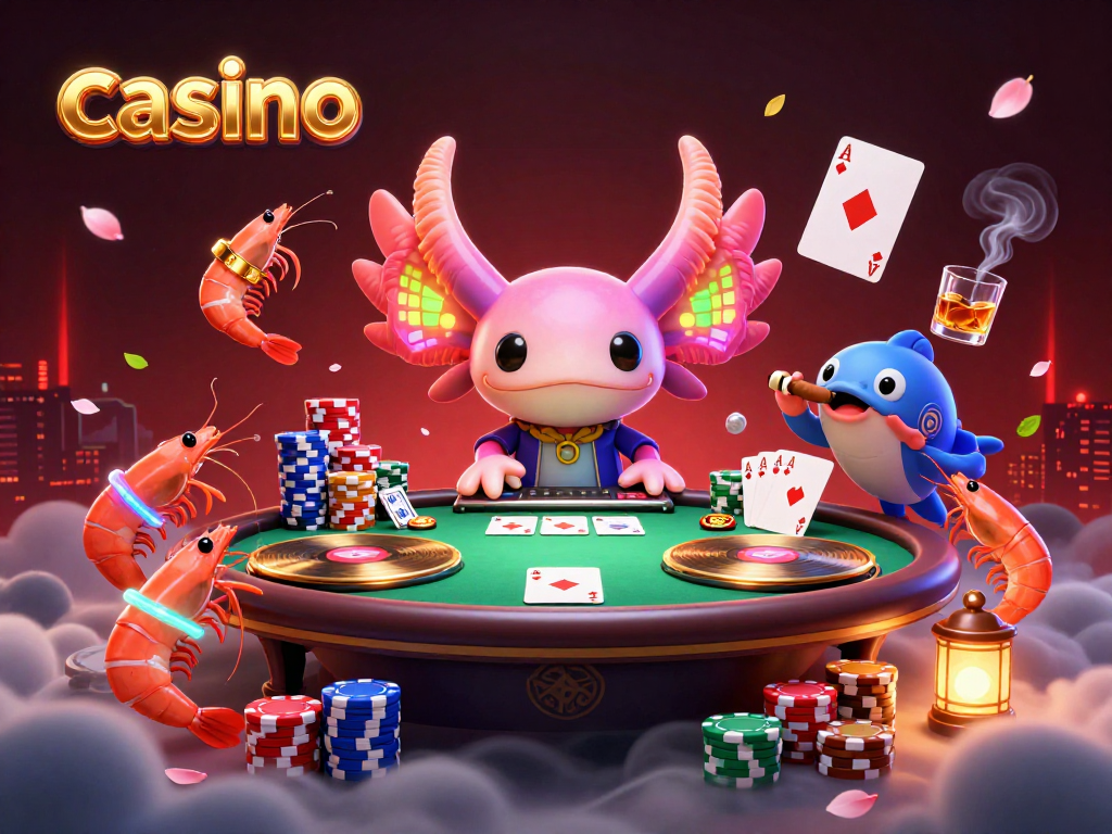 Experience vibrant casino excitement with dancing shrimp and a DJ axolotl in a lively underwater scene.