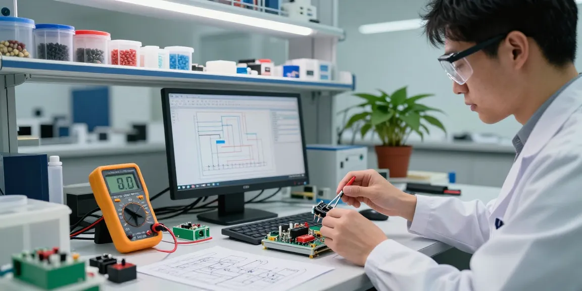 Lab technician testing a capacitive switch prototype in a modern workspace, surrounded by electronic components and design tools.