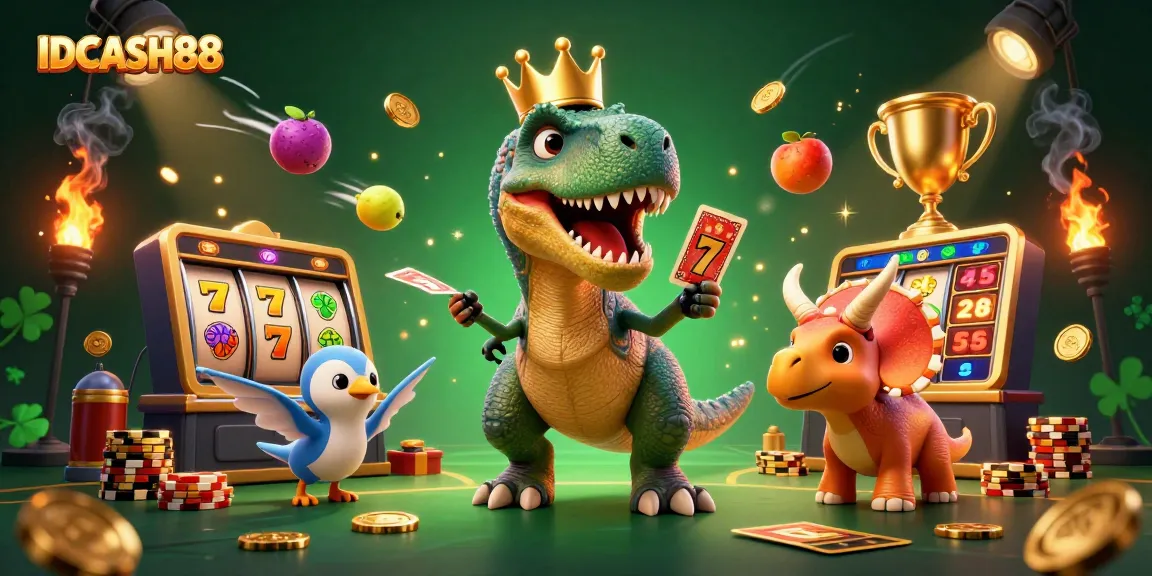 Experience the thrill of slots with IDCASH88 as vibrant characters shuffle cards and stack chips.
