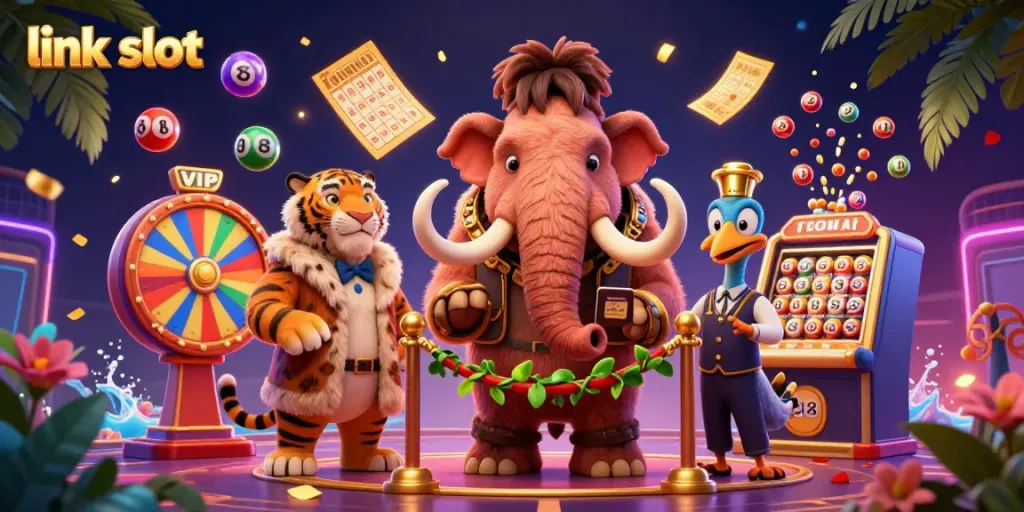 Engaging scene showcasing a 3D cartoon bouncer checking IDs at a casino door, emphasizing the link slot theme.