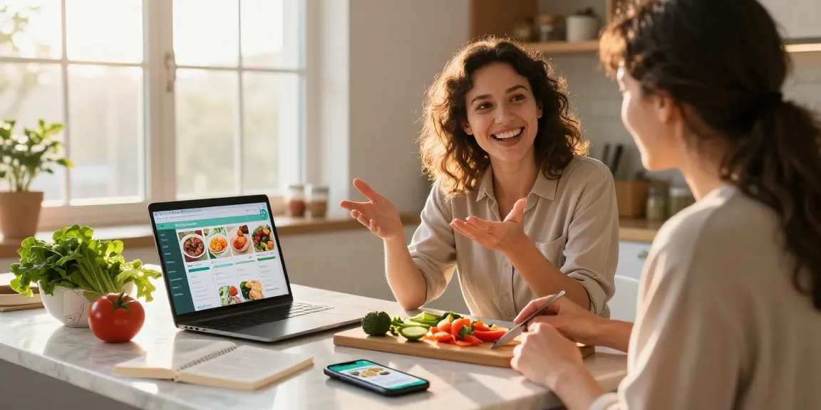 Client and nutrition coach discussing healthy meal tracking with the best food tracker app in a sunlit kitchen.