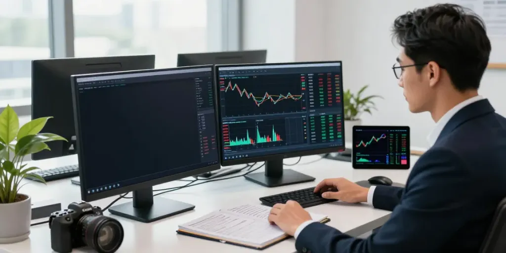 Focused analyst utilizing MetaTrader 5 for market analysis in a modern office