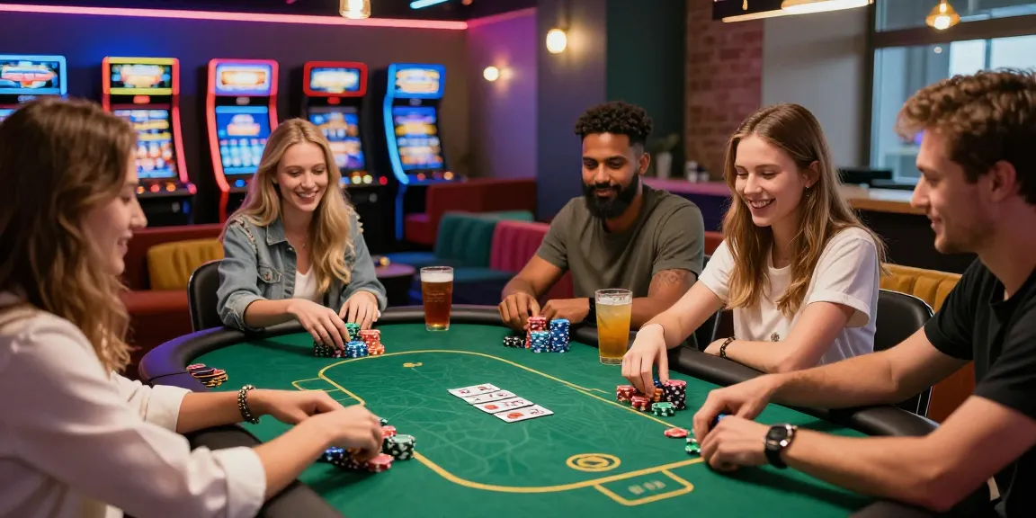 Des amis profitant d'une partie de poker dans un casino en ligne fiable animé, célébrant avec des boissons et de l'excitation.