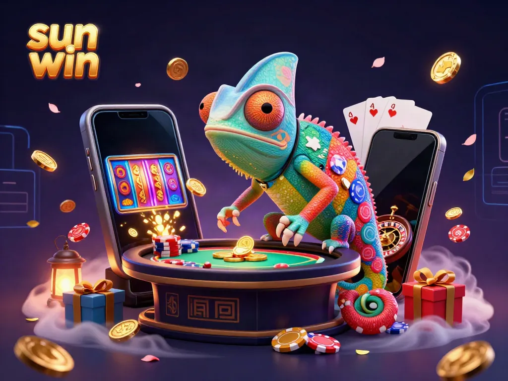 Experience the thrill of sun win with a vibrant 3D illustration showcasing a colorful casino scene filled with dynamic gaming elements.