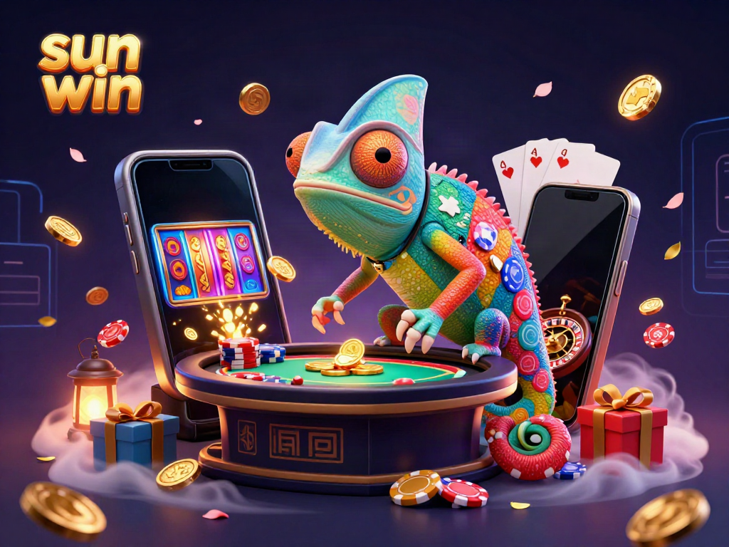 Experience the thrill of sun win with a vibrant 3D illustration showcasing a colorful casino scene filled with dynamic gaming elements.