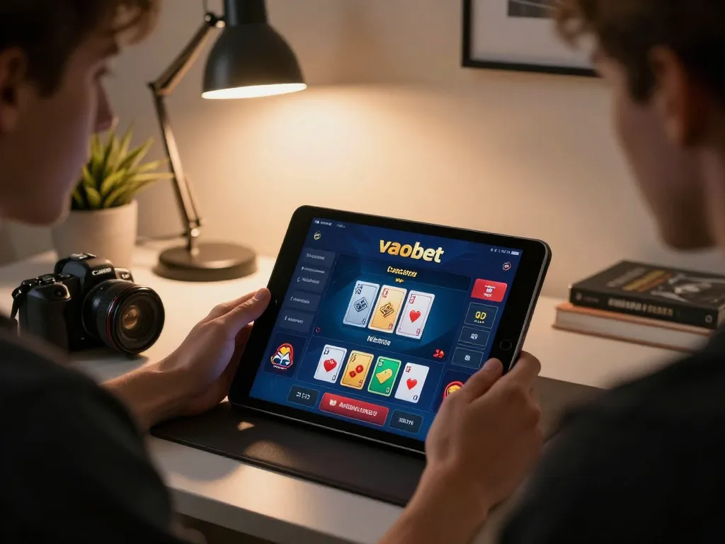 Engaging player analyzing strategies on the vaobet casino app from a modern home office.
