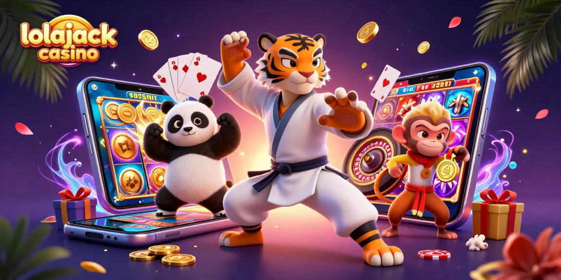 Win big at lolajack casino with this vibrant illustration of a kung fu tiger and friends in a dynamic casino scene.