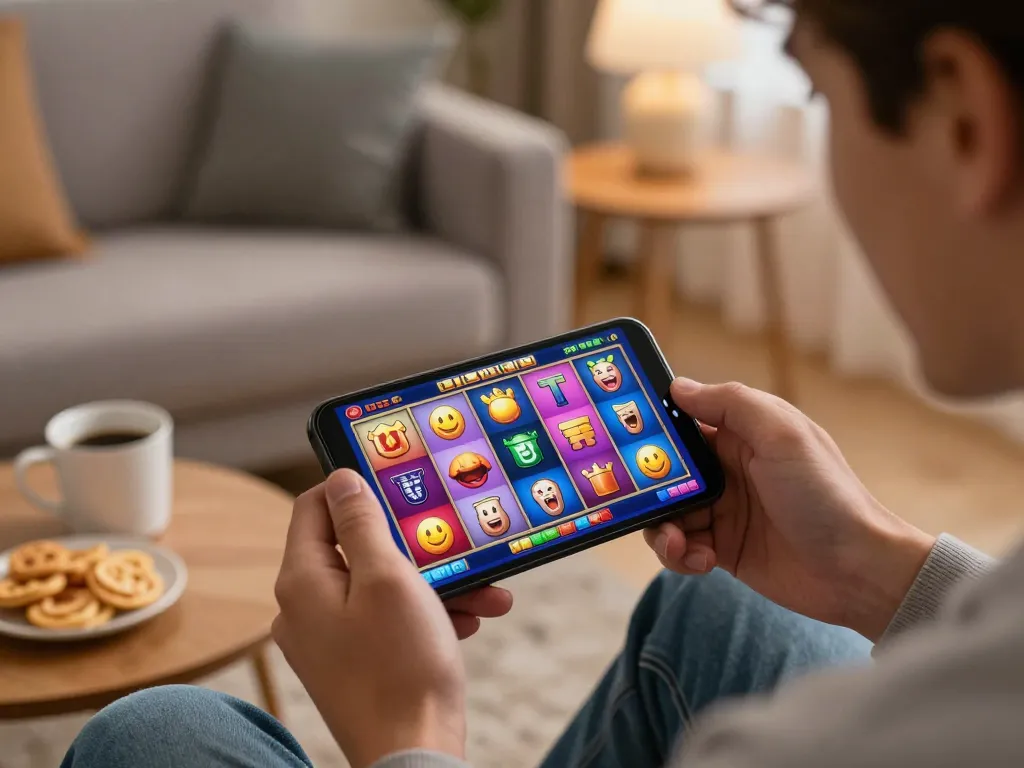 Player spins the reels on an exciting situs gacor mobile slot interface in a cozy home setting.