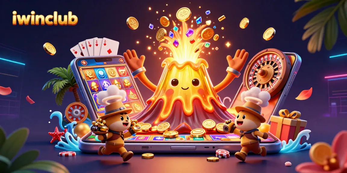 Join the thrill of gaming at iwinclub, featuring a volcano of treasures and vibrant casino elements.