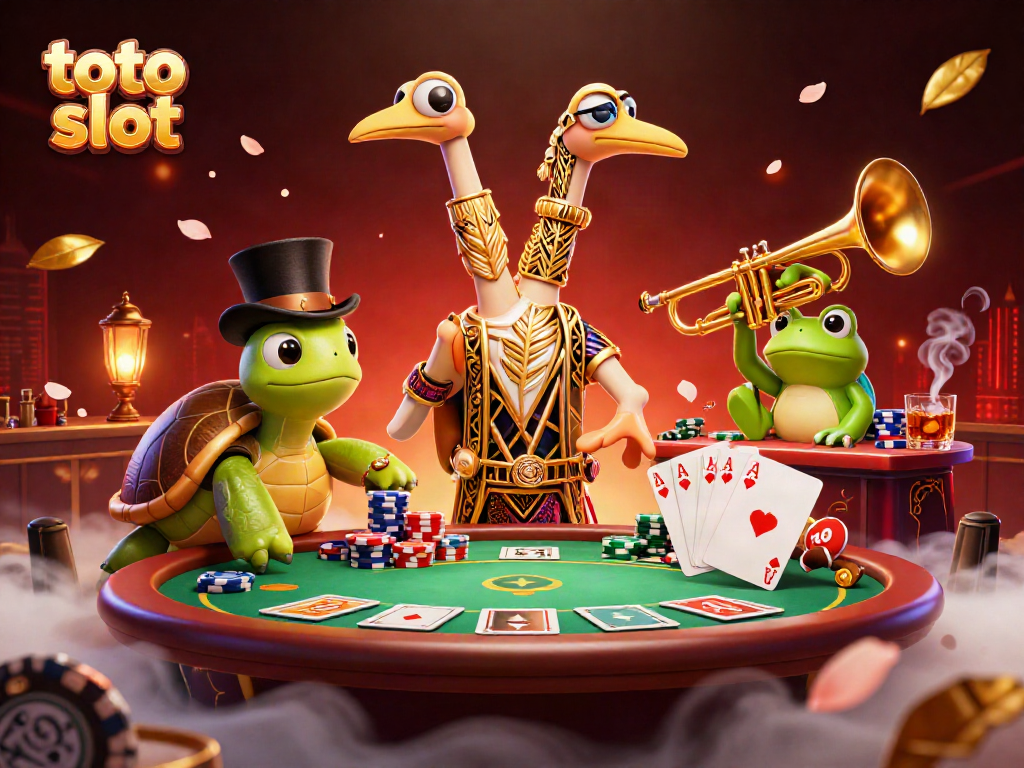 Engage with the vibrant toto slot scene featuring a whimsical crane, turtle, and frog in a dynamic casino setting.