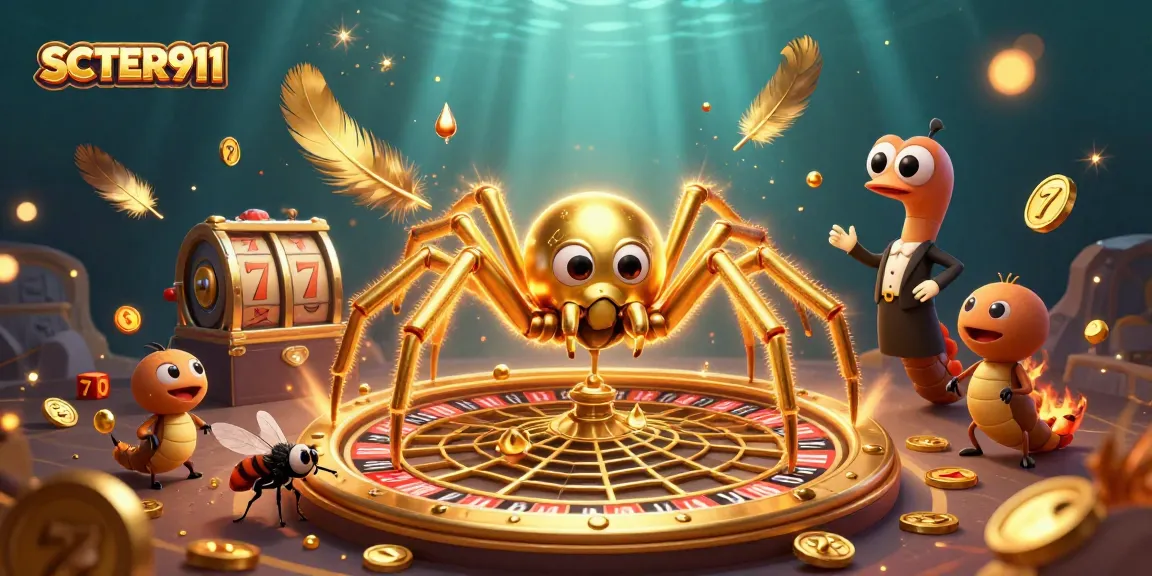 Engage with SCATTER911's thrilling gaming scene featuring a spider, fly, and centipede at a roulette web.