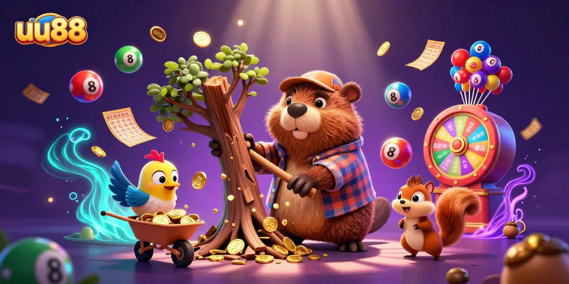 Engage with uu88's thrilling gold coin raining scene featuring a lumberjack beaver and dynamic lottery elements.