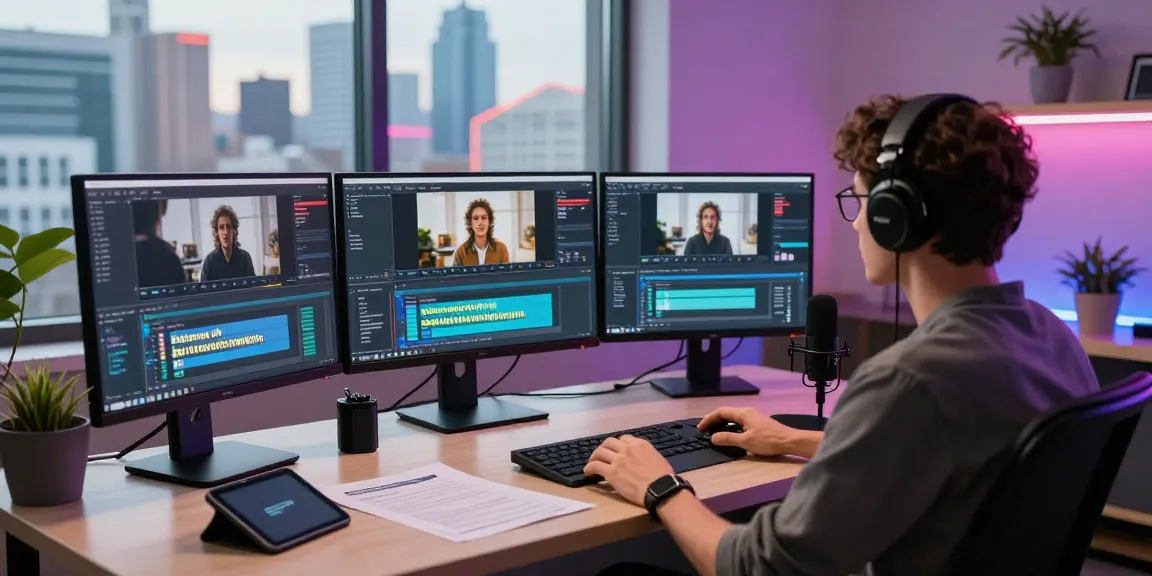 Creative workspace showcasing AI video prompt generation with multiple monitors and vibrant city skyline.