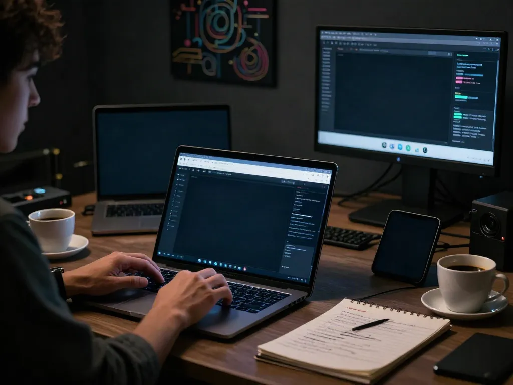 Person analyzing hidden wiki onion links on a laptop in a dimly lit room, showing focus and caution.