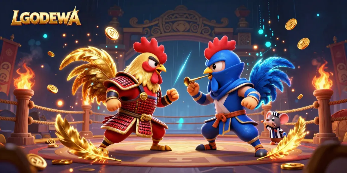 Battle of LGODEWA: 3D cartoon roosters in armor clash in vibrant casino arena