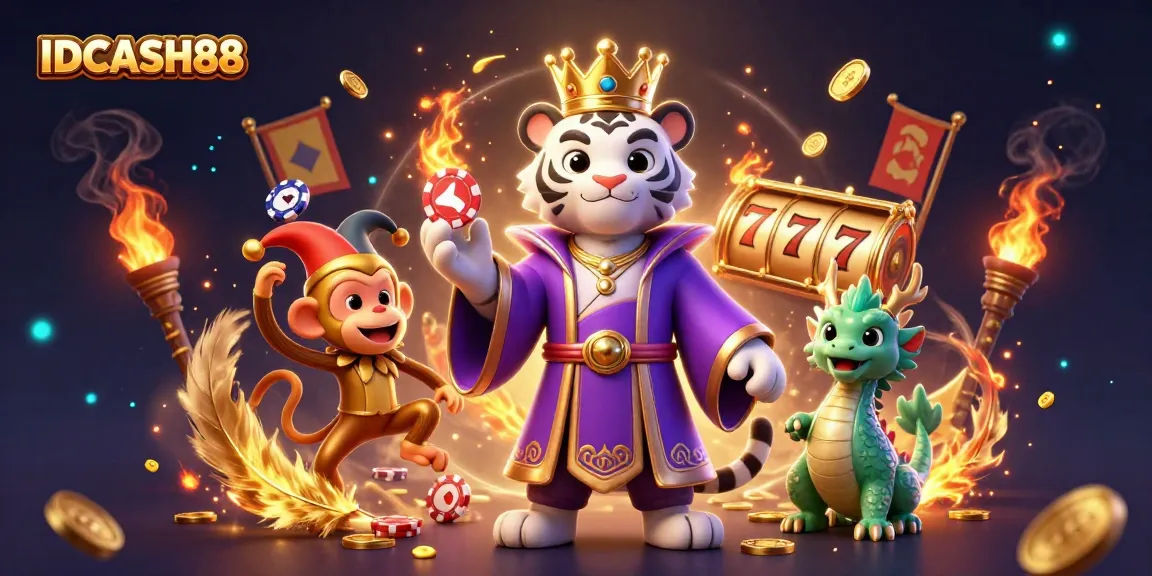 IDCASH88 showcases a vibrant digital casino scene with characters and slot elements for thrilling gameplay.