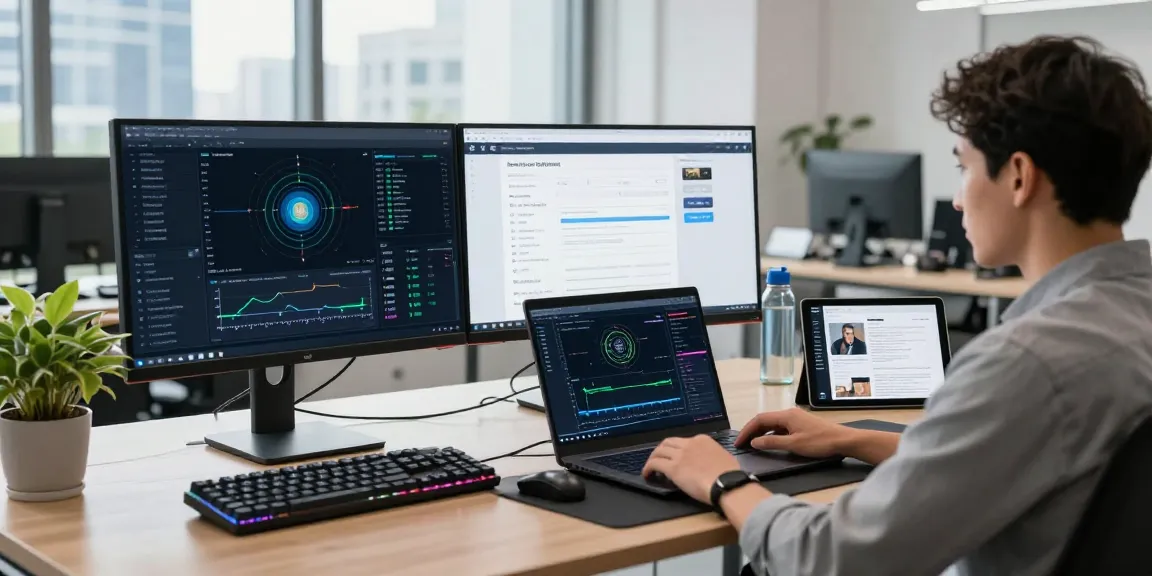 Cloud mining workspace featuring multiple screens and crypto mining tools in a modern tech office.