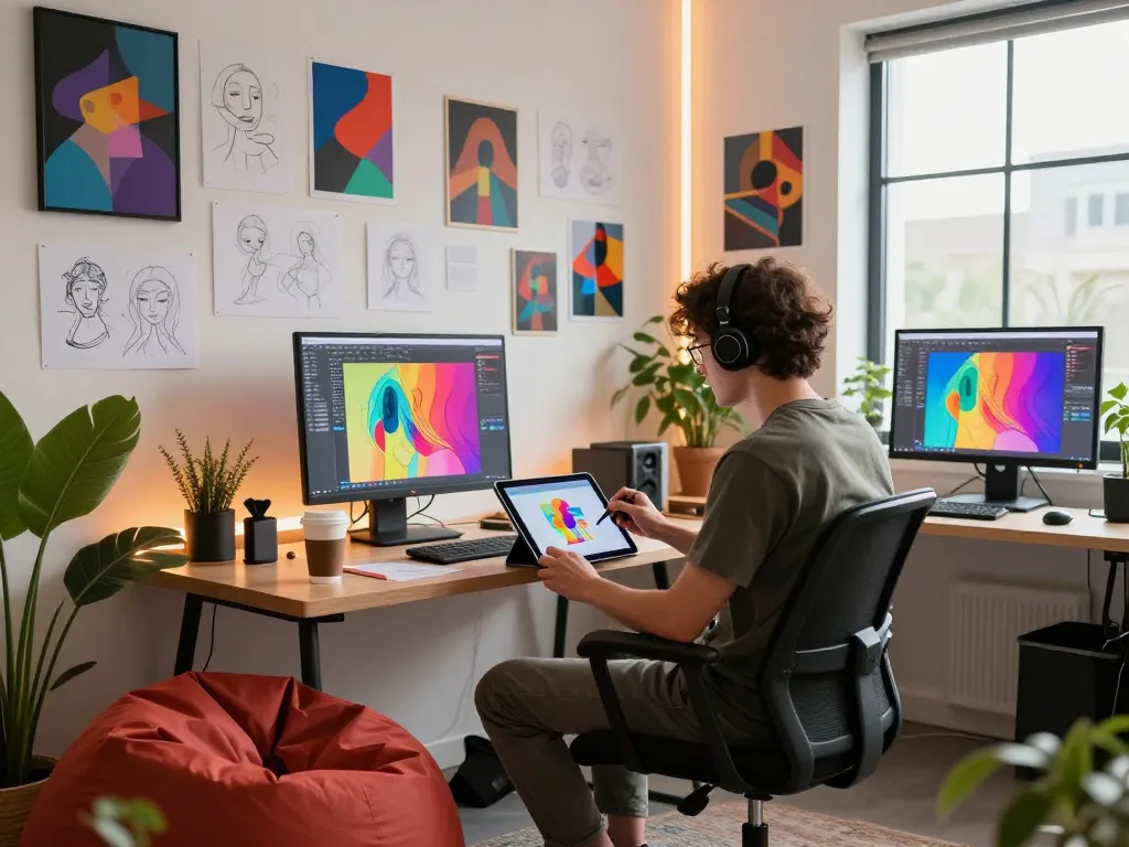 Creating vibrant NSFW AI artwork in a modern digital art studio.