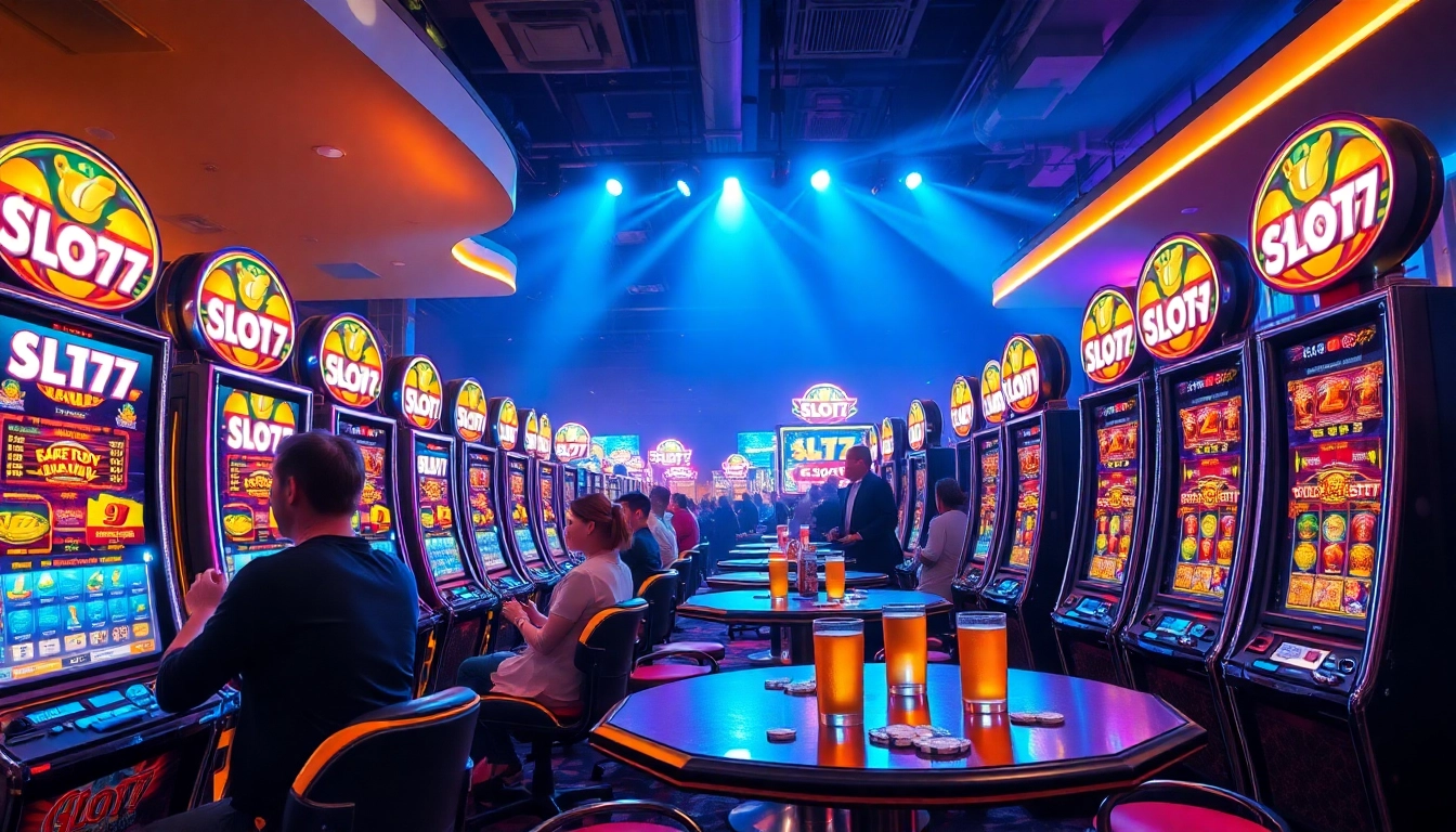 Permainan Slot77 yang menarik dengan pemain yang bersemangat dan lampu berwarna-warni.