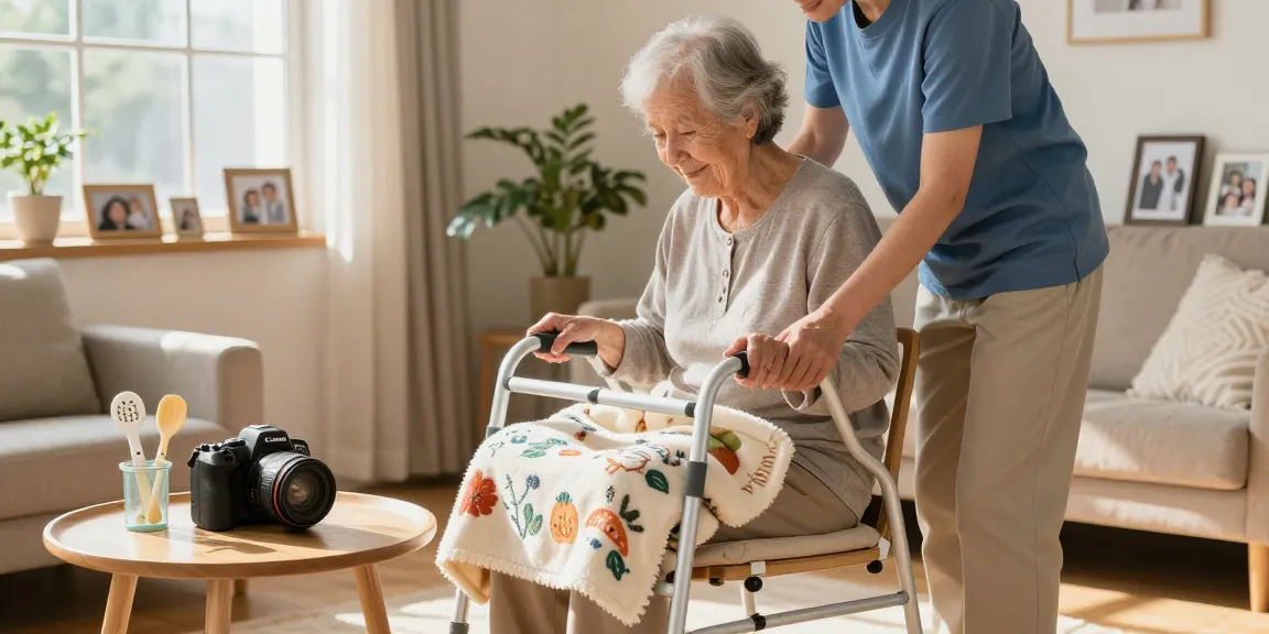 Caregiver aiding an elderly person with 老人護理用品 in a warm living room.