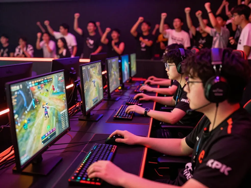 KPK100 gaming arena highlights competitive gameplay with players engaged in e-sports tournaments.