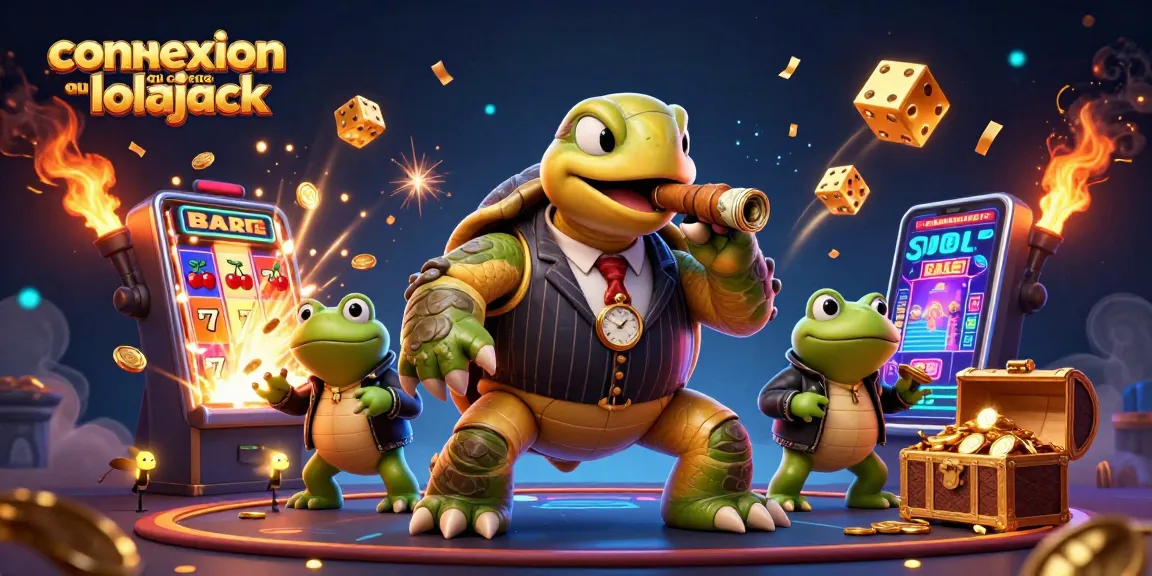 Connexion au casino lolajack : illustration dynamique avec une tortue géante et des grenouilles dans un contexte de casino.
