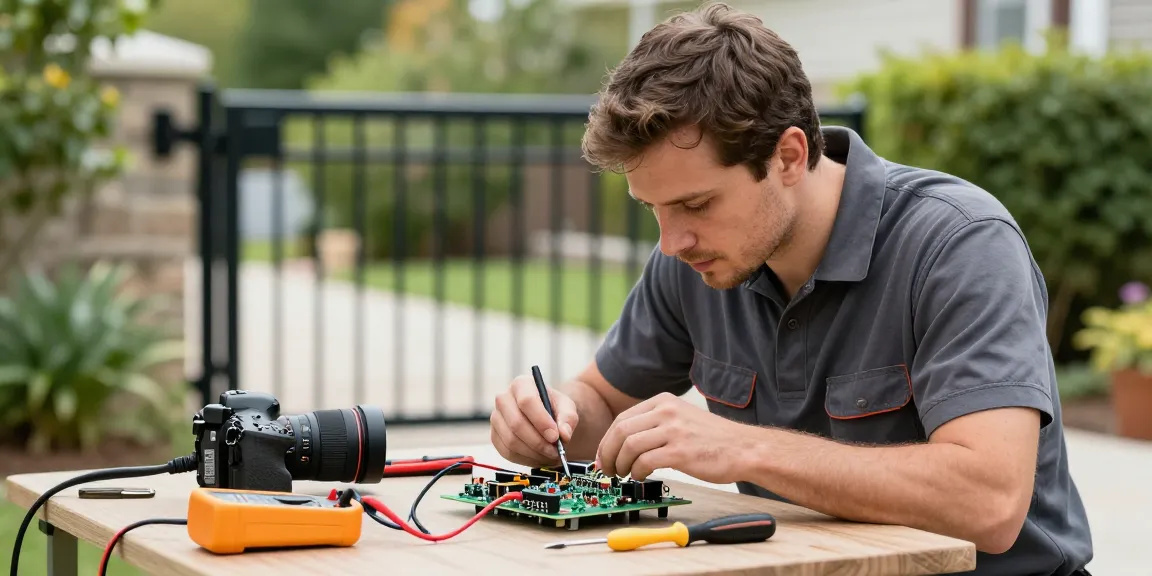 Mighty Mule circuit board problems being resolved by a technician outdoors, showcasing professional troubleshooting techniques and tools.