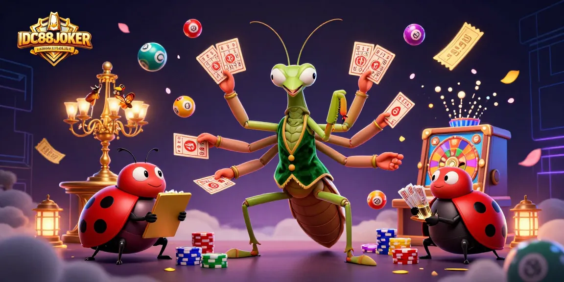 Engage your luck with IDC88JOKER as vibrant lottery and casino elements fill the dynamic scene.