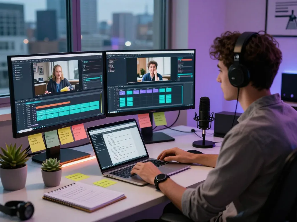 Person using video to promptgenerator software in a modern workspace, showcasing video analysis technology.