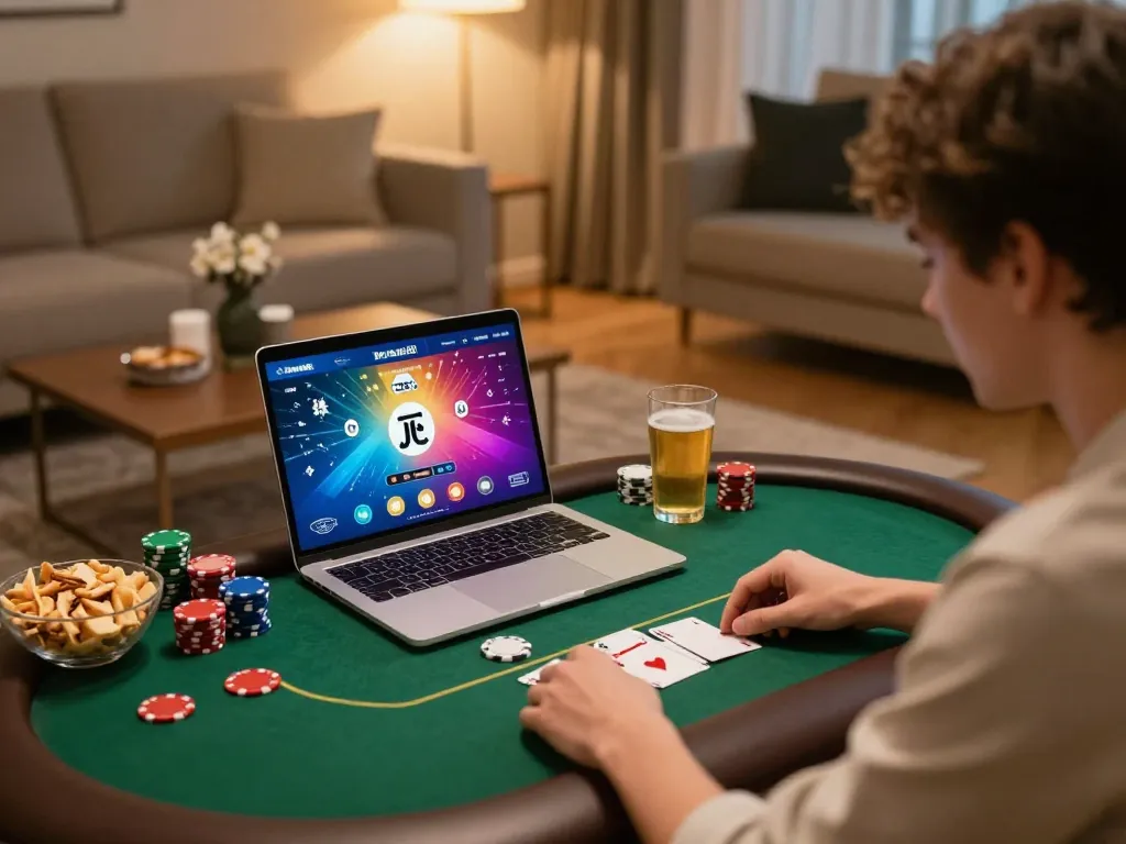 Bong88 online poker gameplay at home, showcasing a cozy atmosphere and strategic moments.