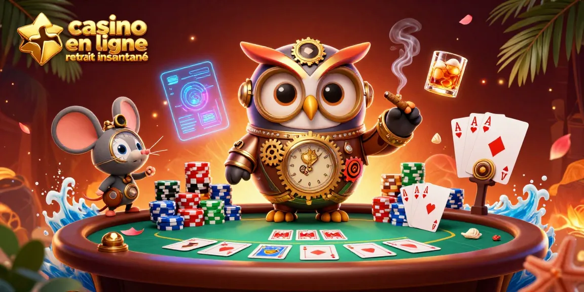 Jouez rapidement dans un casino en ligne retrait instantané avec l'illustration de l'hibou voyageur et des éléments de poker.