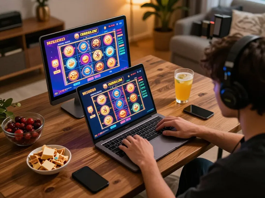 Player enjoying engaging slot games on f8betz from home, showcasing a vibrant online gambling experience.