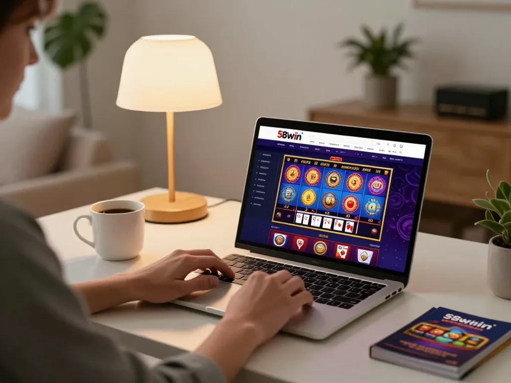 Engaging in casino games on 58wiin's online platform from a cozy home setup