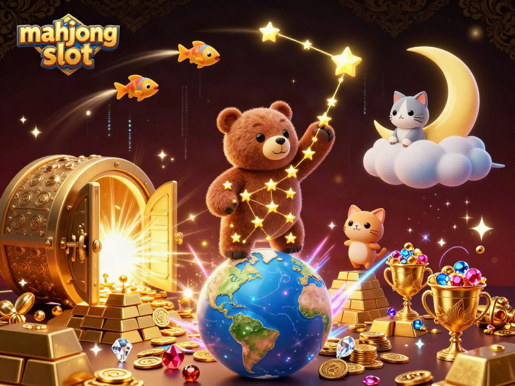 Engage with the mahjong slot world illustrated by a constellation bear and treasure elements.