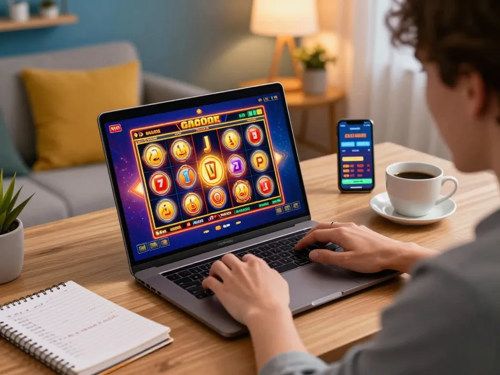 Playing slot gacor on a laptop in a stylish home office, immersing in an engaging online gambling experience.