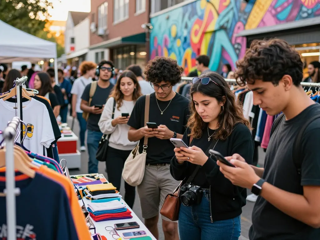 Social Shopping Is Exploding as diverse shoppers explore vibrant marketplace with smartphones and unique products.