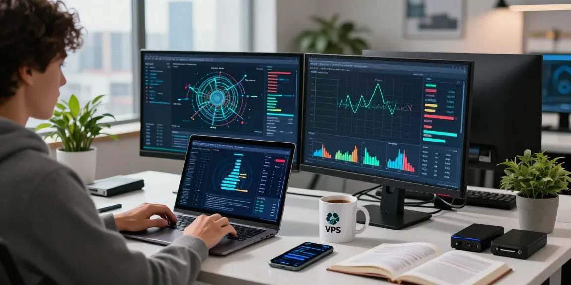 Monitoring servidores VPS performance in a modern tech workspace, featuring dual screens and network diagnostics.