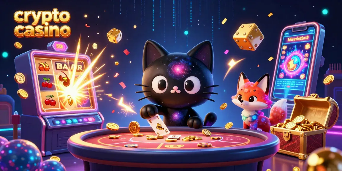 Gioca nel crypto casino con il gatto buco nero attrattivo che attira gettoni d'oro e carte.