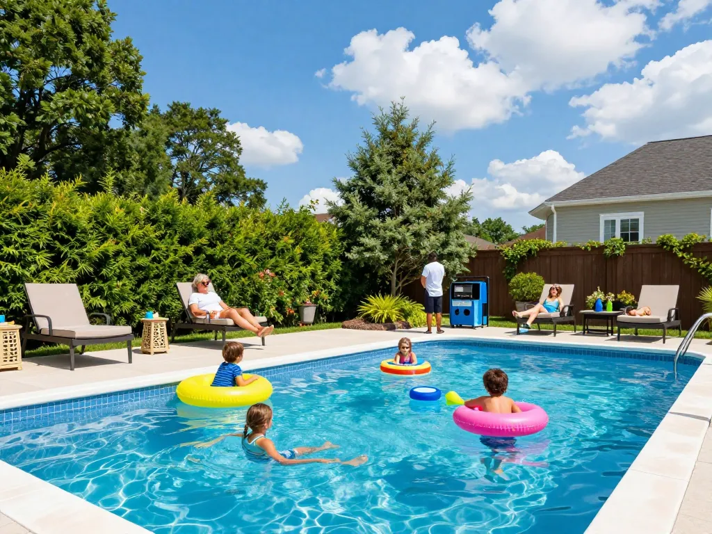 Dolphin Pool Services team inspecting a residential pool while a family enjoys the sunny day in Virginia.